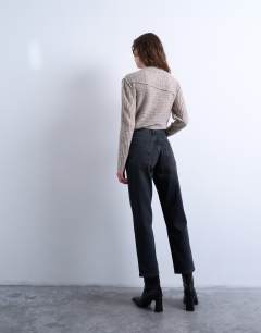 Model wearing Runway mid rise straight cropped jean in washed black