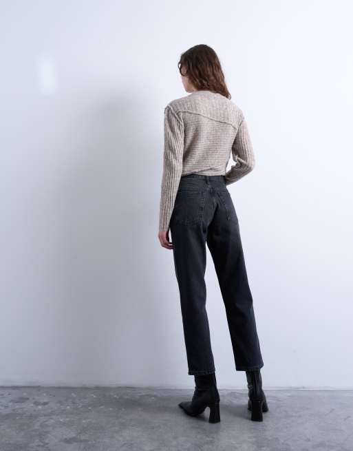 Topshop Runway mid rise straight cropped jeans in washed black, 4 of 7