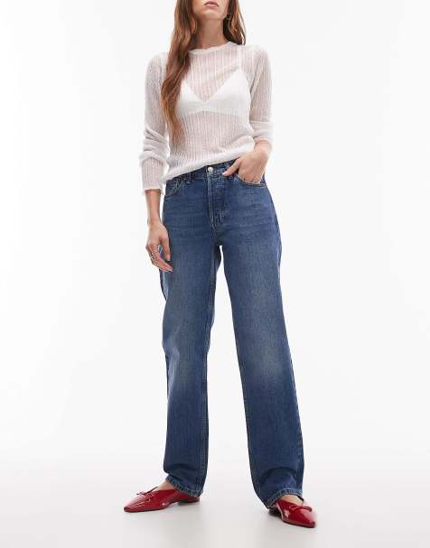 Topshop Runway mid rise straight jean in mid blue - view 1