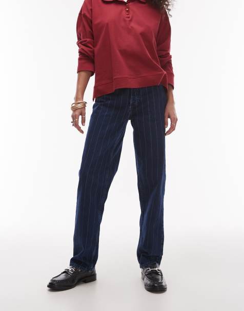 Topshop – Runway – Niebieskie proste jeansy ze średnim stanem w prążki - view 1