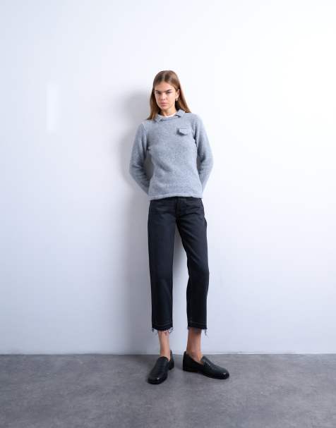 Topshop - Runway - Rechte cropped jeans met halfhoge taille en uitgelegde zoom in zwart met wassing - view 1