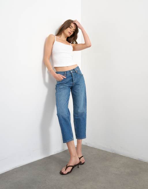 Topshop - Runway - Rechte cropped jeans met halfhoge taille in middenblauw