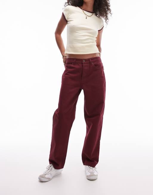 Topshop - Runway - Rechte jeans met halfhoge taille in bordeauxrood