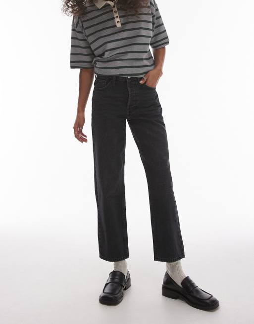 Topshop - Runway - Sorte forvaskede cropped lige jeans med mellemhøj talje