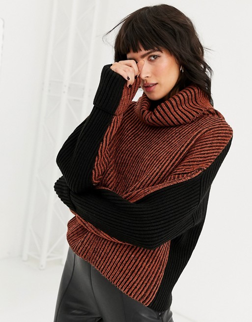 Topshop rust colourblock jumper with roll neck in wool blend