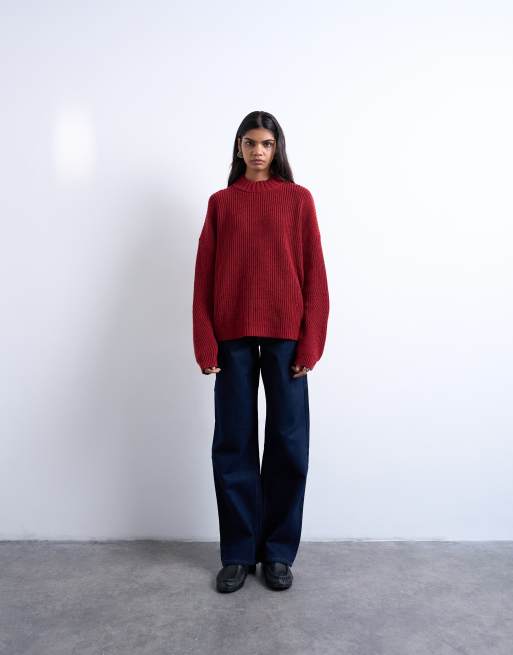 Topshop - Rustfarvet ribstrikket enkel oversized trøje med bred krave, 2 af 4