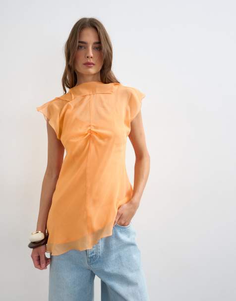 Topshop - Rustrød gennemsigtig top med draperet hals - view 1