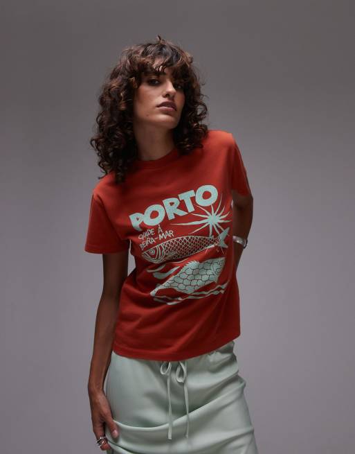 Topshop - Rustrød T-shirt med grafisk 'Porto'-print i firkantet pasform