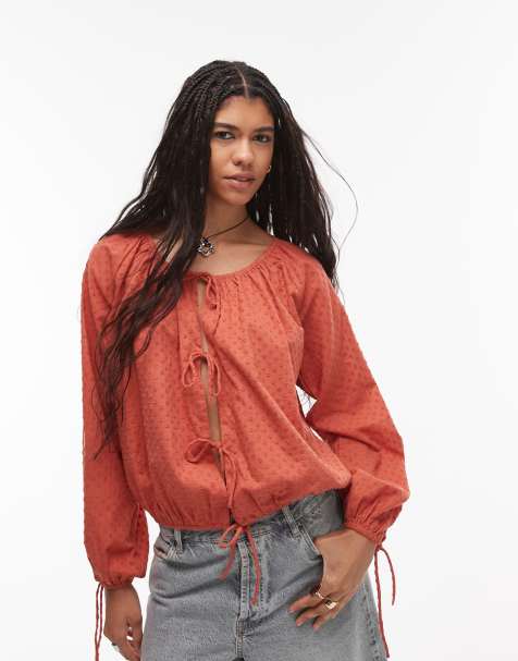 Topshop - Rustrød top med rynker og bindebånd i halsen i dobby-stof - view 1