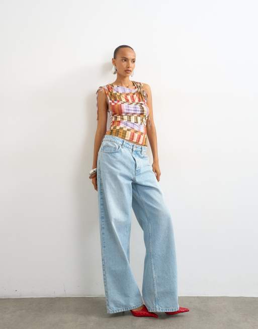 Topshop rutig topp med rynkade detaljer i rött, 2 av 4