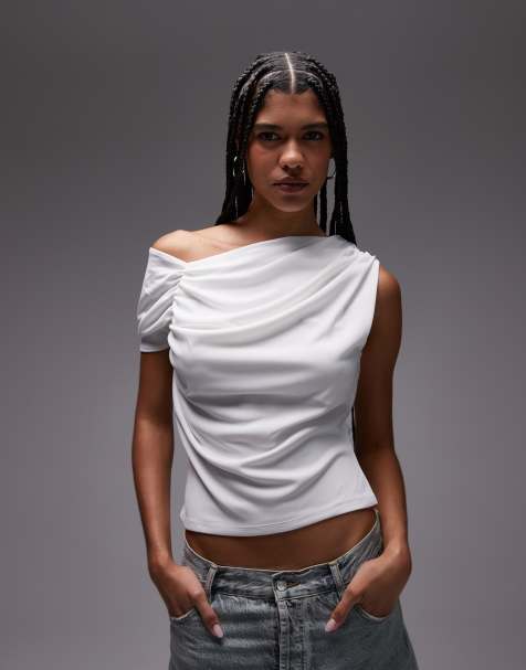 Topshop - Rynket og hvid oneshoulder-top - view 1