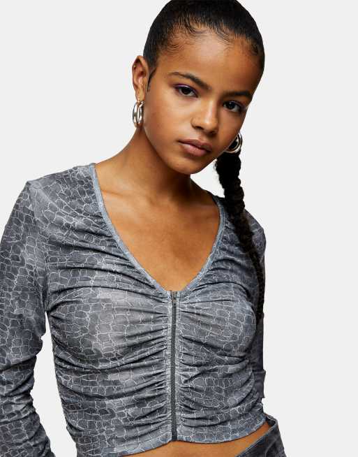 Topshop - Rynket top i grå med lange ærmer og slangeprint, 3 af 4