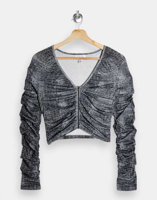 Topshop - Rynket top i grå med lange ærmer og slangeprint, 4 af 4