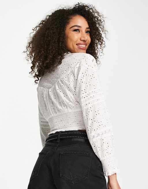 Topshop - Rynket top med broderet blondeindsats i hvid, 2 af 4
