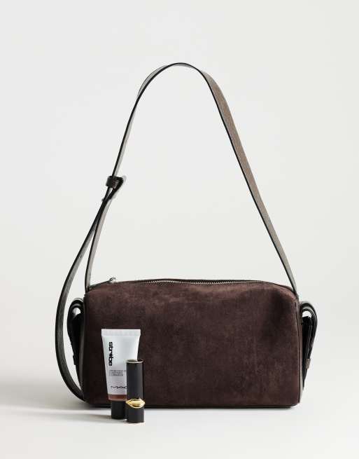 Topshop Sabrina medium suedette shoulder bag with pockets in chocolate, 2 of 4