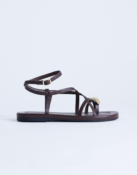 Topshop Sabrina metal toe flat sandals in chocolate - view 1