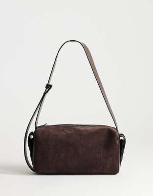 Sabrina - Sac porté épaule taille moyenne en suédine avec poches - Chocolat-Vert One Size