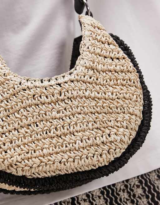 Topshop - Sacha - Borsa da spalla arrotondata intrecciata beige con manico a contrasto, 4 di 4