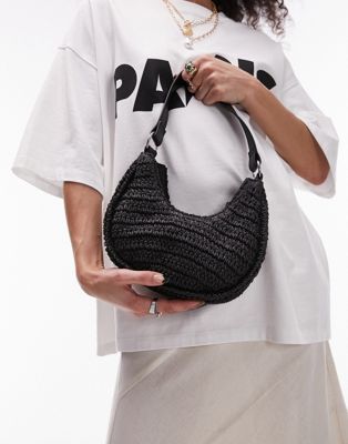 Sacha straw scoop shoulder bag with contrast handle in black
