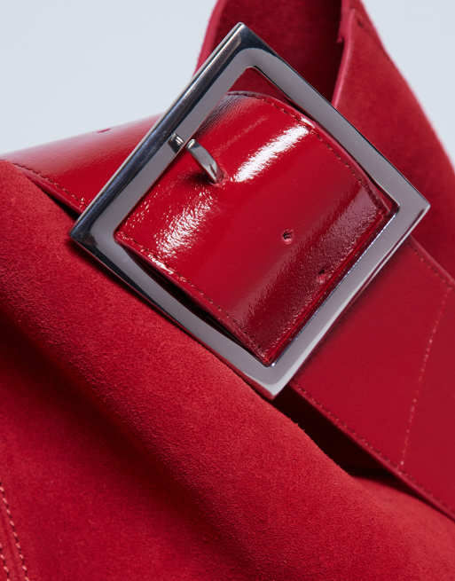 Topshop - Sade - Borsa da spalla a secchiello rossa in vera pelle scamosciata premium, 2 di 3