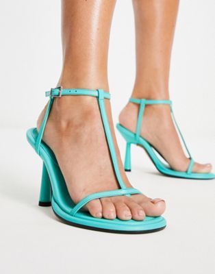 Topshop Sade premium leather round toe heeled sandal in turquoise
