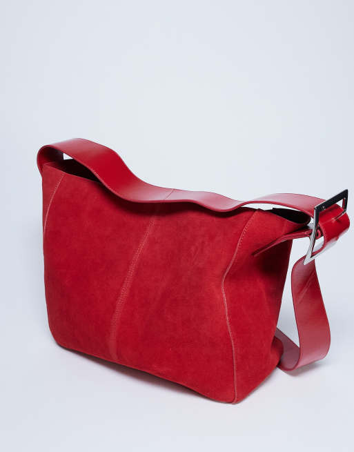 Topshop Sade premium real suede leather bucket shoulder bag in red
