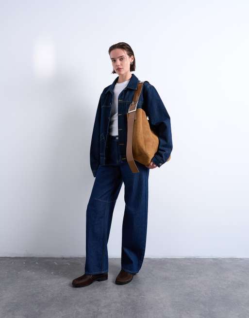 Topshop Sade premium real suede/leather bucket shoulder bag in tan