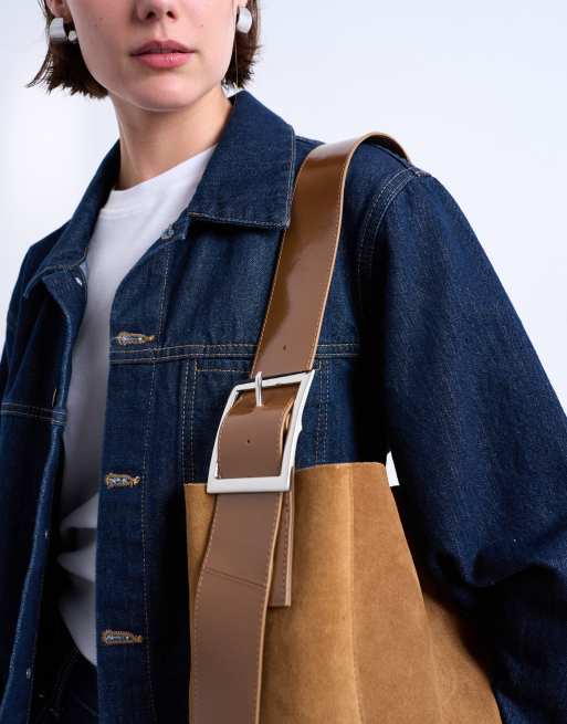 Topshop Sade premium real suede/leather bucket shoulder bag in tan