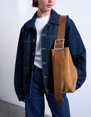 Topshop - Sade - Sac seau porté épaule en daim de qualité supérieure - Fauve-Brown