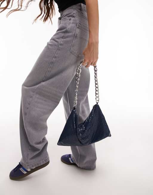 Topshop Sadie chainmail slouchy shoulder bag in navy