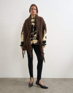 Model wearing Sadie fringing scarf in chocolate