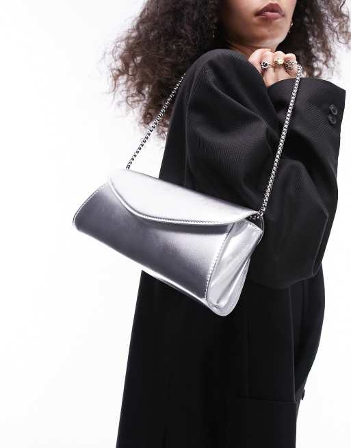 Topshop – Sadie – Silverfärgad, strukturerad axelväska med viklock