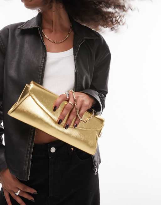 Topshop Sadie structured flap shoulder bag in gold, 4 of 4