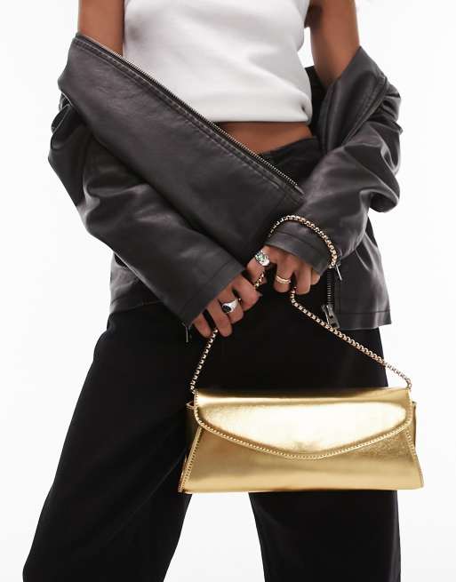 Topshop – Sadie – Strukturierte Schultertasche in Gold mit Umschlagklappe, 2 von 4
