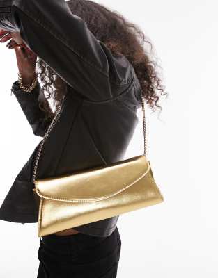 Topshop - Sadie - Strukturierte Schultertasche in Gold mit Umschlagklappe-Goldfarben