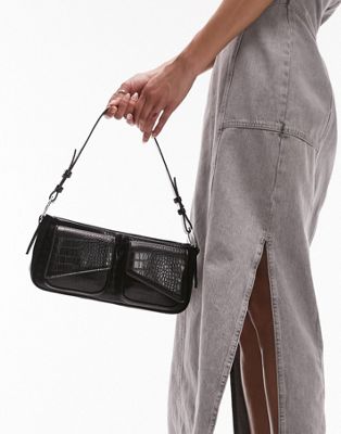 Topshop Saffron structured double pocket shoulder bag in black croc - ASOS Price Checker