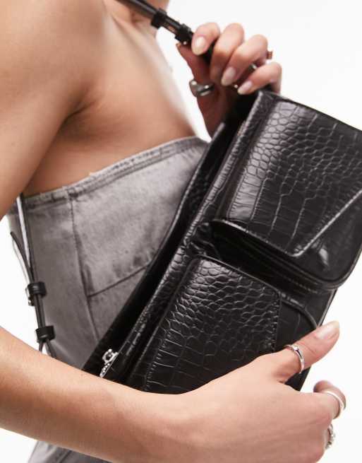 Topshop - Saffron - Sac porté épaule effet croco structuré avec deux poches - Noir, 3 de 4