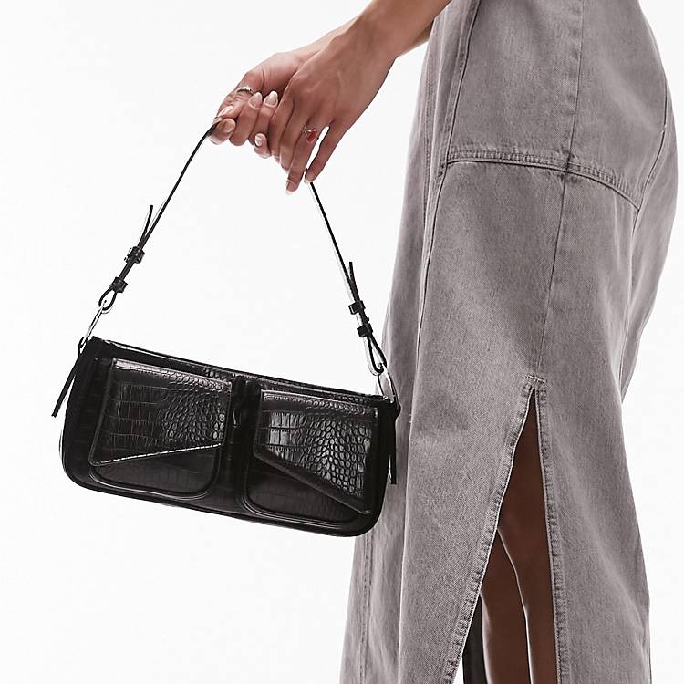 Topshop Saffron structured double pocket shoulder bag in black croc