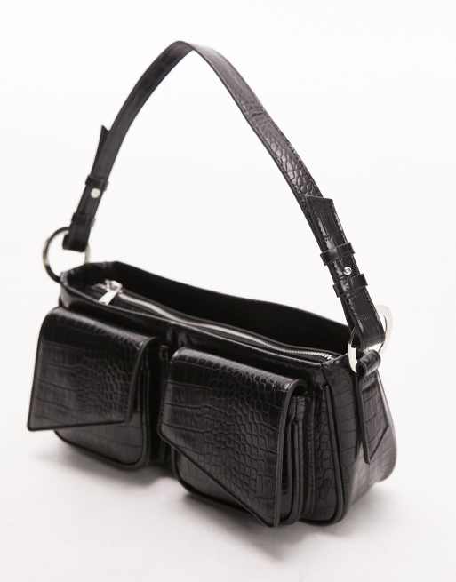 Topshop Saffron structured double pocket shoulder bag in black croc, 2 of 4