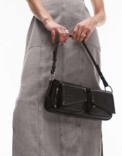 Topshop Saffron structured double pocket shoulder bag in black croc, 4 of 4