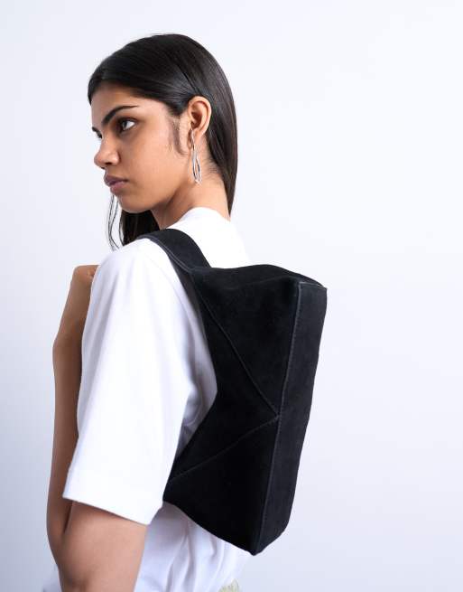 Topshop Safia real suede shoulder bag in black