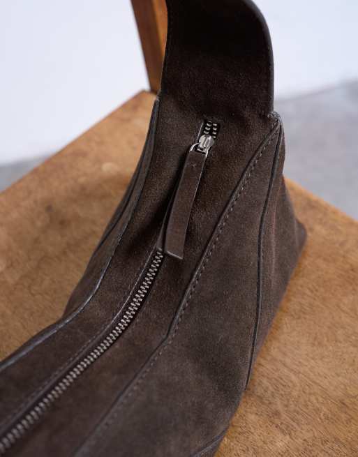 Topshop Safia real suede shoulder bag in chocolate