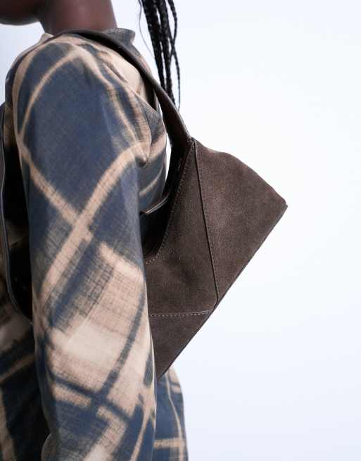 Topshop Safia real suede shoulder bag in chocolate