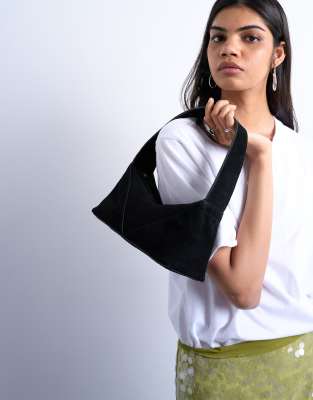 Topshop - Safia - Schultertasche aus echtem Wildleder in Schwarz