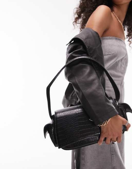 Black Faux Croc Shoulder Bag