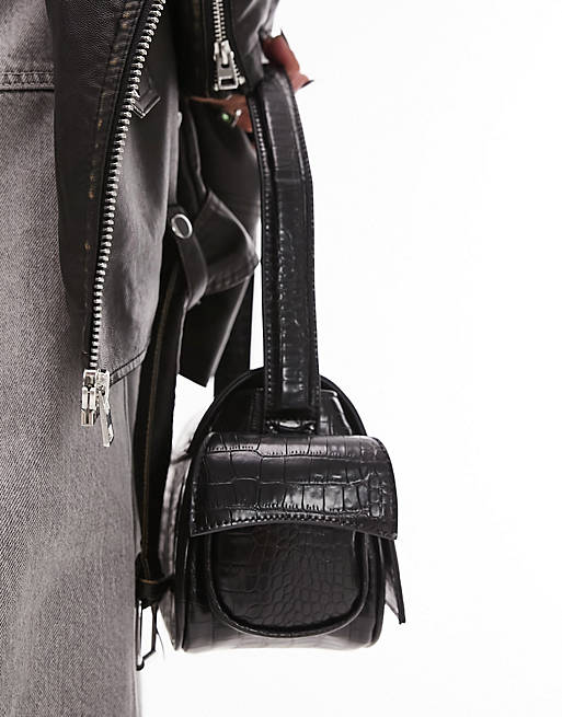Topshop Salone faux croc multi pocket shoulder bag in black