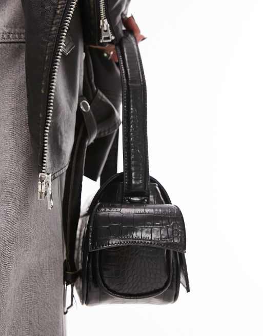 Black Faux Croc Shoulder Bag