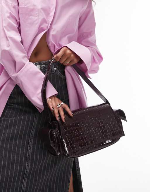 Midi Croc Embossed Leather Tote In Burgundy