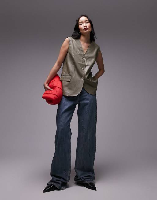 Topshop – Salviagrön kostymväst i oversize och läderimitation
