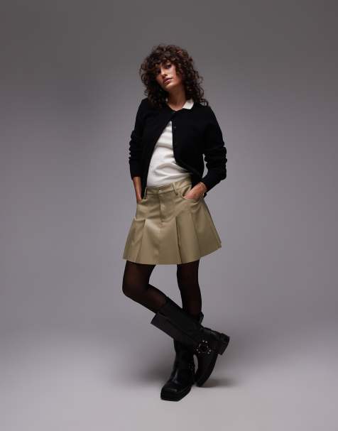 Topshop – Salviagrön, veckad minikjol i läderimitation - view 1